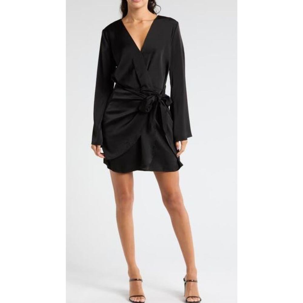 WAYF LONG SLEEVE FAUX WRAP MINI DRESS in black. Size S. NWOT